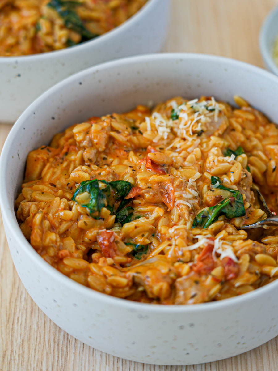 Marry Me Chicken Risoni (Orzo) in deep rim bowl