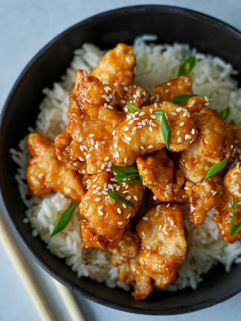 Close-up of crispy honey soy chicken drizzled with a sweet sauce, garnished with sesame seeds and topped with chopped spring onions
